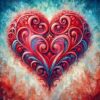 「鮮やかな赤と青の色合いで描かれた複雑な模様のアートハート。そのデザインは様々な曲線と渦巻きで構成されており、背景は抽象的な筆触のブルーとホワイトで表現されています。」