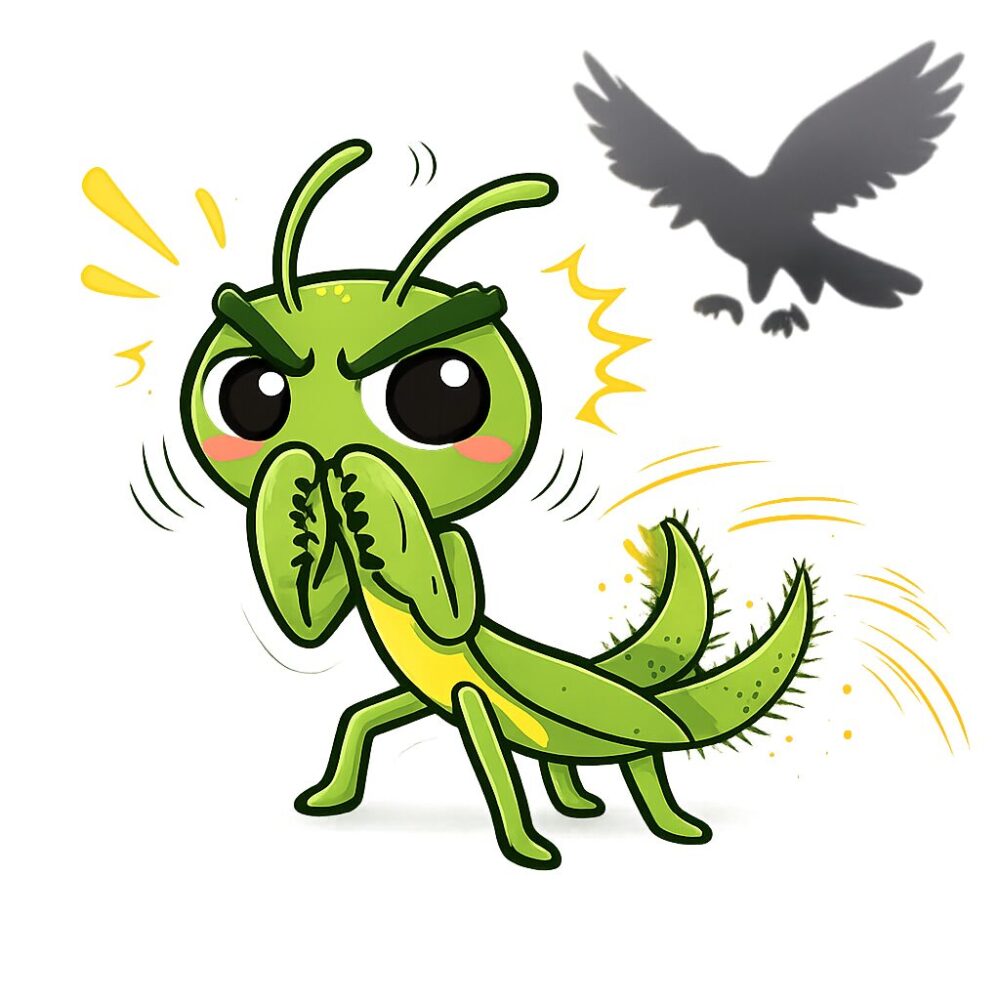 背後から近づく鳥の風圧を眉毛と尾部の感覚毛で察知し、防御姿勢を取るカマキリのイラスト