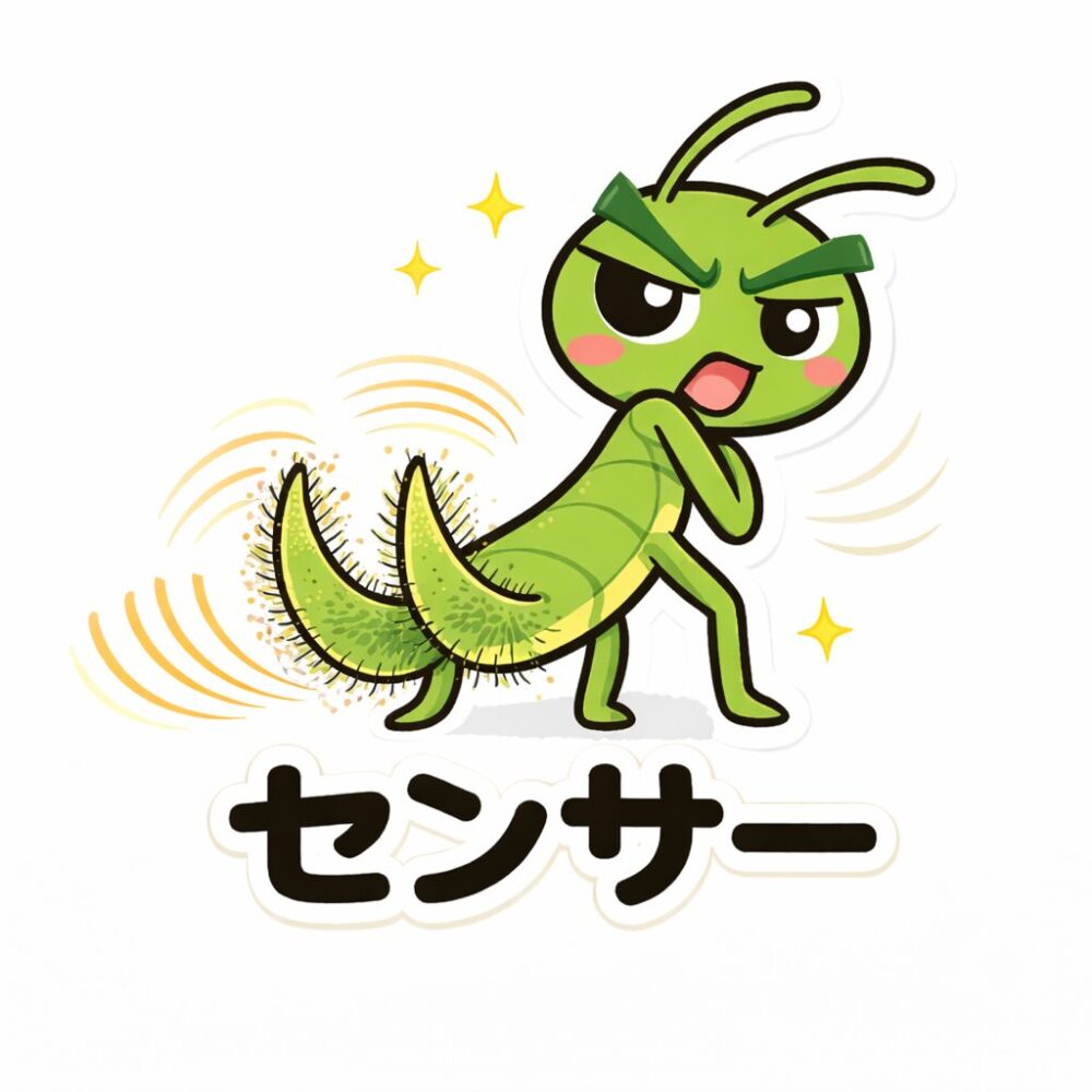 尾毛の感覚毛で背後の風圧を感知するセンサー機能を表したカマキリのイラスト