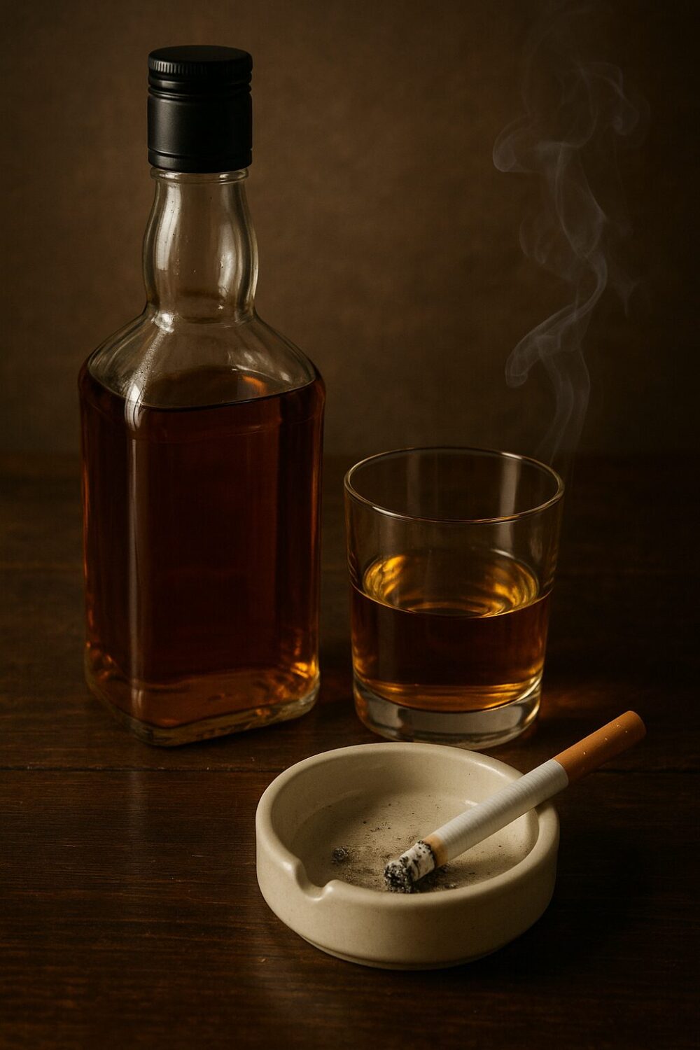 昭和の男性文化を象徴するウイスキーのボトルと煙の残るたばこ
