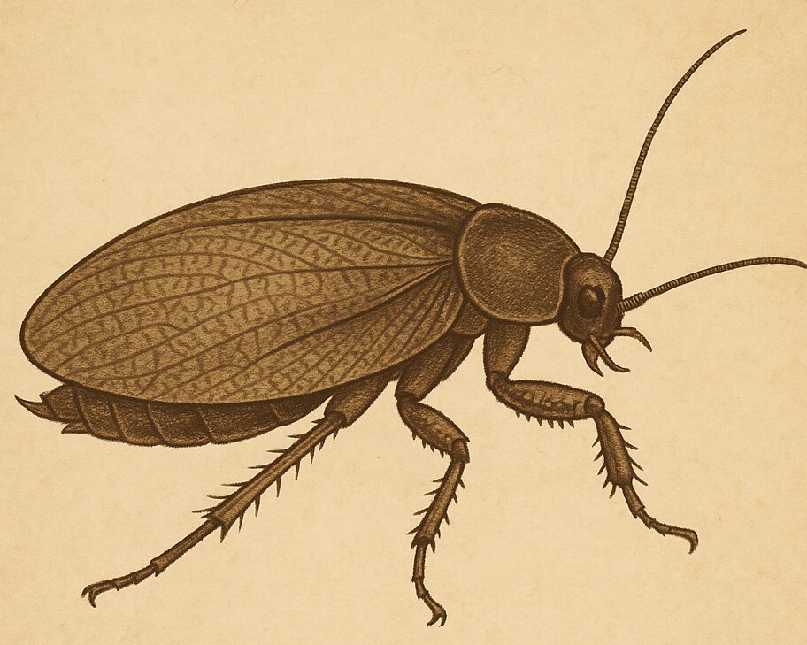 リトゥディクトキア類の古代昆虫イラスト|ゴキブリ型で前脚にトゲを持つカマキリ祖先の特徴