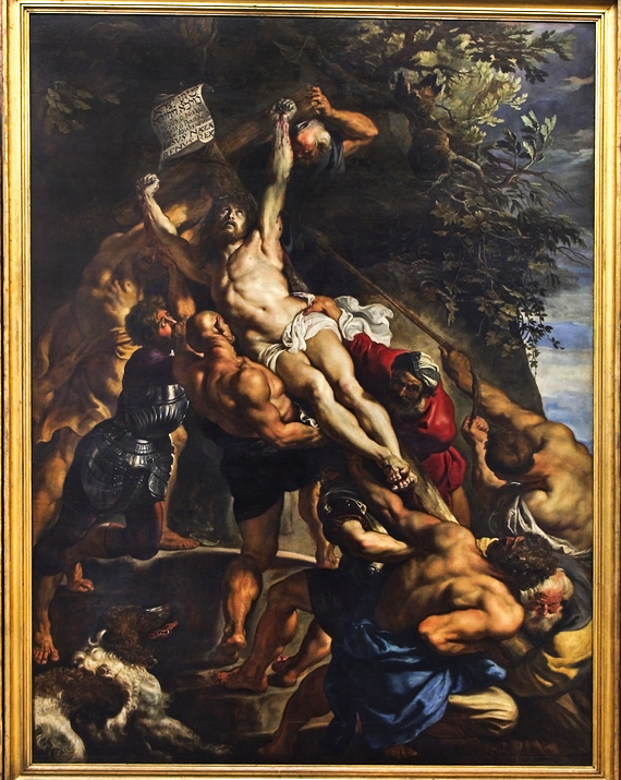 "ルーベンス《十字架昇架》中央パネル。十字架を押し上げる男たちと、苦痛に満ちた表情で天を仰ぐキリスト。"