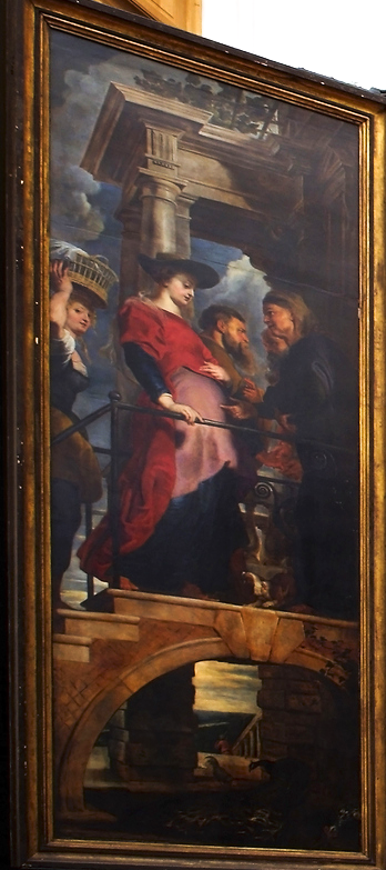 "ルーベンス《十字架降架》左パネル。聖母マリアがエリサベトを訪れ、互いに祝福を分かち合う『マリアの訪問』の場面。"