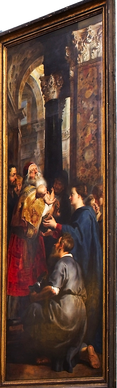 "ルーベンス《十字架降架》右パネル。神殿で幼子イエスを抱く預言者シメオンを描いた『キリストの奉献』の場面。"