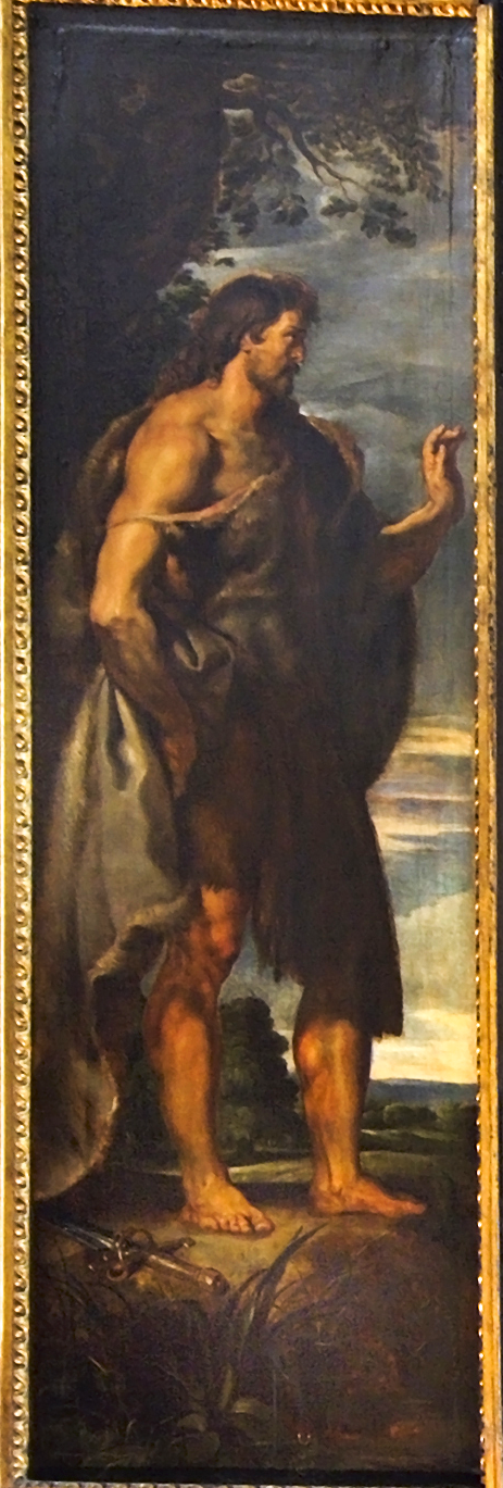 "ルーベンス《キリストの復活》左パネル。荒野に立つ洗礼者ヨハネが、キリストの使命を予感する姿で描かれている。"