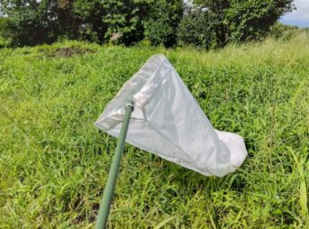 草むらに置かれた白い虫取り網